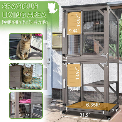 PetsCosset 71" Cat House Outdoor, Large Catio for Cats Indoor Outdoor Enclosure on Wheels, Outside Cat Home Enclosure with Removing Tray Weatherproof Window Catio for Cats-71 H