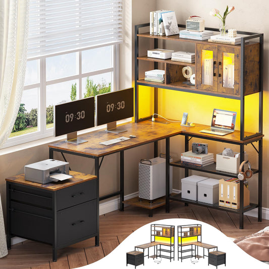 UPOSOJA L Shaped Computer Desk, 69.7in Gaming Desk with Hutch, Home Office Desk with Power Outlet, Bookshelf Led Strip File Cabinet Printer Rack (Brown, 1 Hutch)