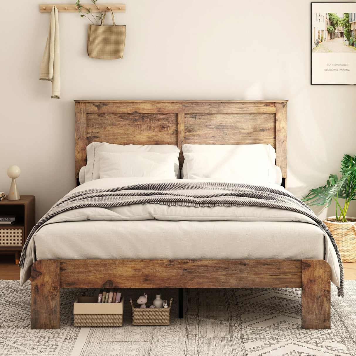 DWOYFO Wood Platform Bed Frame, Queen Size Bed Frame with Headboard and Wood Slat Support, Easy Assembly, No Box Spring Needed, Dark Brown DWOYFO