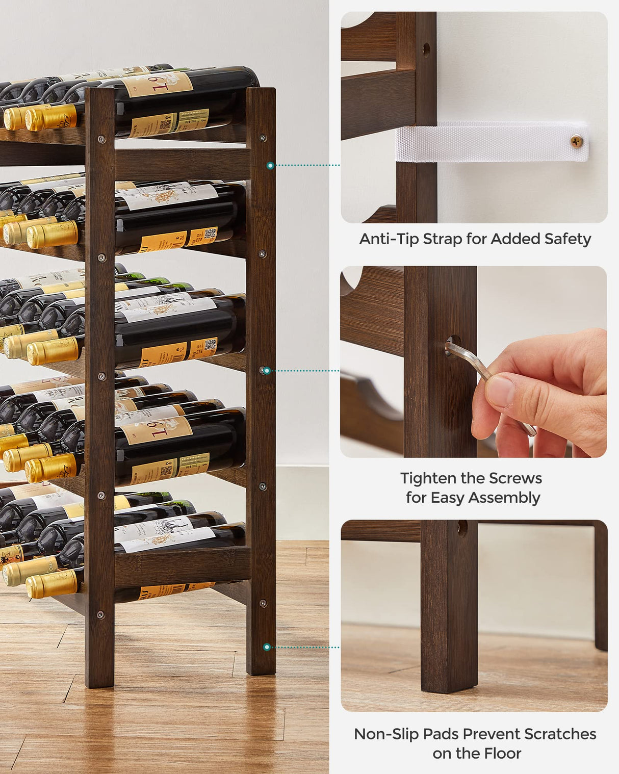 SONGMICS 30-Bottle Wine Rack, 5-Tier Freestanding Floor Bamboo Wine Holder, Display Stand Shelves, Wave Bars, Walnut Color UKWR025D01 SONGMICS