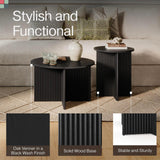 Stead Round Fluted Nesting Coffee Tables - 2 Piece Modern Wood Coffee Table for Living Room and Home Decor - Solid Wood Base and Grain Veneer Top (Blackened Oak) Stead