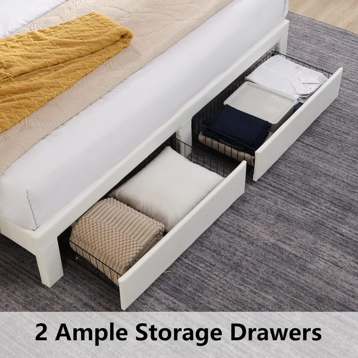 XKLOGER Queen Bed Frame with Headboard & Charging Station, Upholstered Platform Bed Frame with 2 Storage Drawers, Sturdy Wooden Slats Support/No Box Spring Needed/Noise Free/Easy Assembly/White XKLOGER