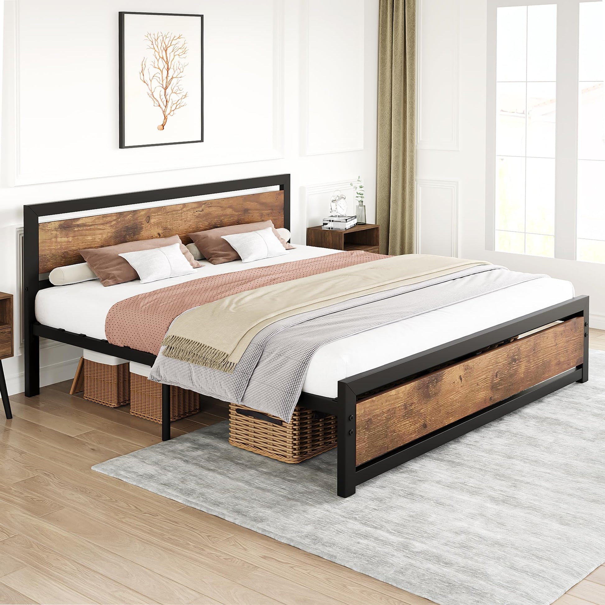 GAOMON Industrial King Size Bed Frame with Wooden Headboard and Sturdy Slat Support - WoodArtSupply