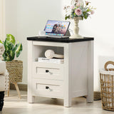Joaxswe Nightstand with Charging Station and USB Port, Farmhouse Night Stand with 2 Drawers and Shelf Storage, Wooden Side End Table, Bedside Cabinet for Bedroom, Living Room, Closet, Office (White) Joaxswe