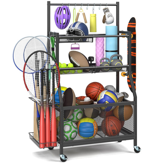 Mr IRONSTONE Garage Sports Equipment Organizer with Wheels, Heavy Duty Steel Garage Ball Storage Rack with Hooks and Baskets, Rolling Garage Organizers and Storage for Sports Gear Toys Indoor Outdoor