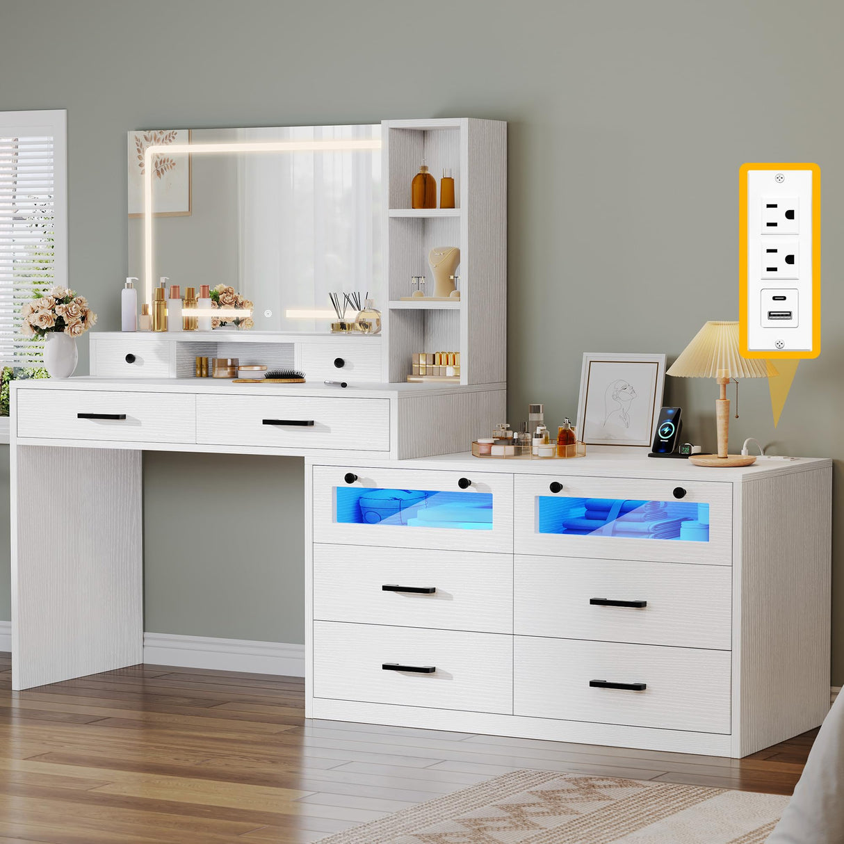 DWVO Large Vanity Desk with Mirror - RGB LED and Charging Station, Make up Vanity Mirror with 3 Lights Mode and Brightness Adjusted, Large Storage Space-10 Drawers, 3 Open Shelves, White DWVO