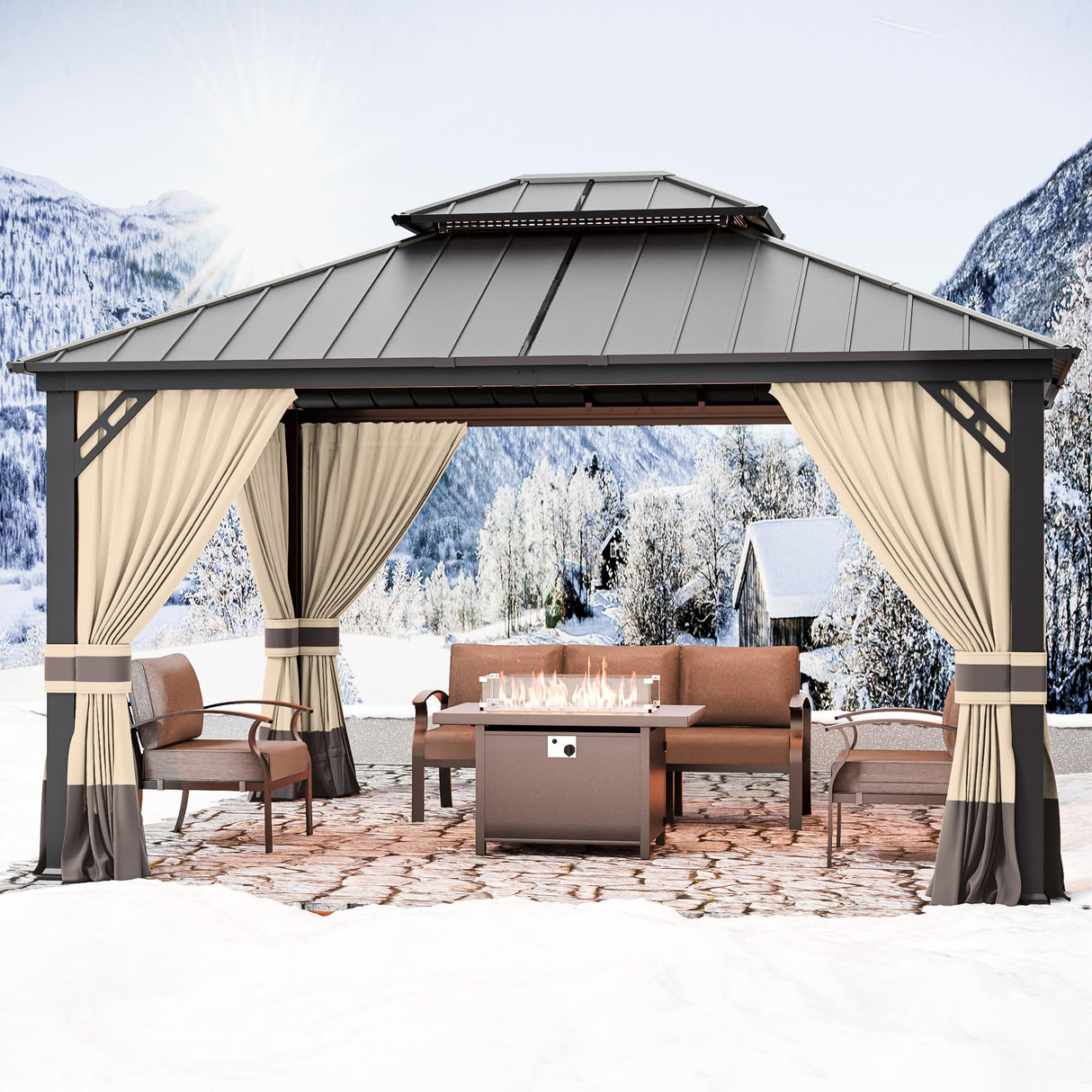 RTDTD 12’x14’ Hardtop Gazebo Outdoor Aluminum Frame Permanent Gazebo Galvanized Steel Double Roof Pergola with Nettings and Curtains for Patio, Lawns,Backyard, Deck(Brown) RTDTD