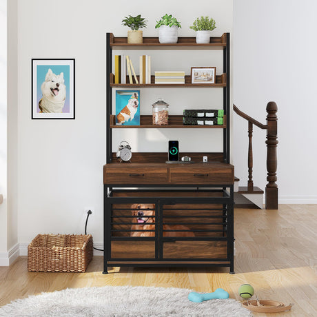DWVO Dog Crate Furniture with Storage Shelves, Heavy Duty Dog Crate with Drawers & Charging Station, 39 Inch Dog Kennel Indoor Furniture for Large Dogs, Modern Dog Crate with Double Doors, Brown DWVO