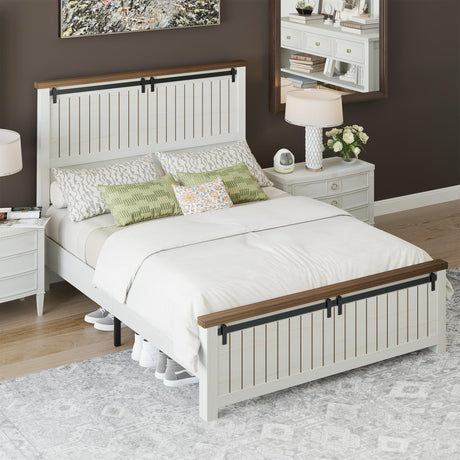 LUXOAK Farmhouse Full Size Bed Frame with 47" Tall Headboard, Wooden Bed Frame with Groove Sliding Barn Door Footboard, Platform Bed with Wood Slats Support, Noiseless No Box Spring Needed, White LUXOAK
