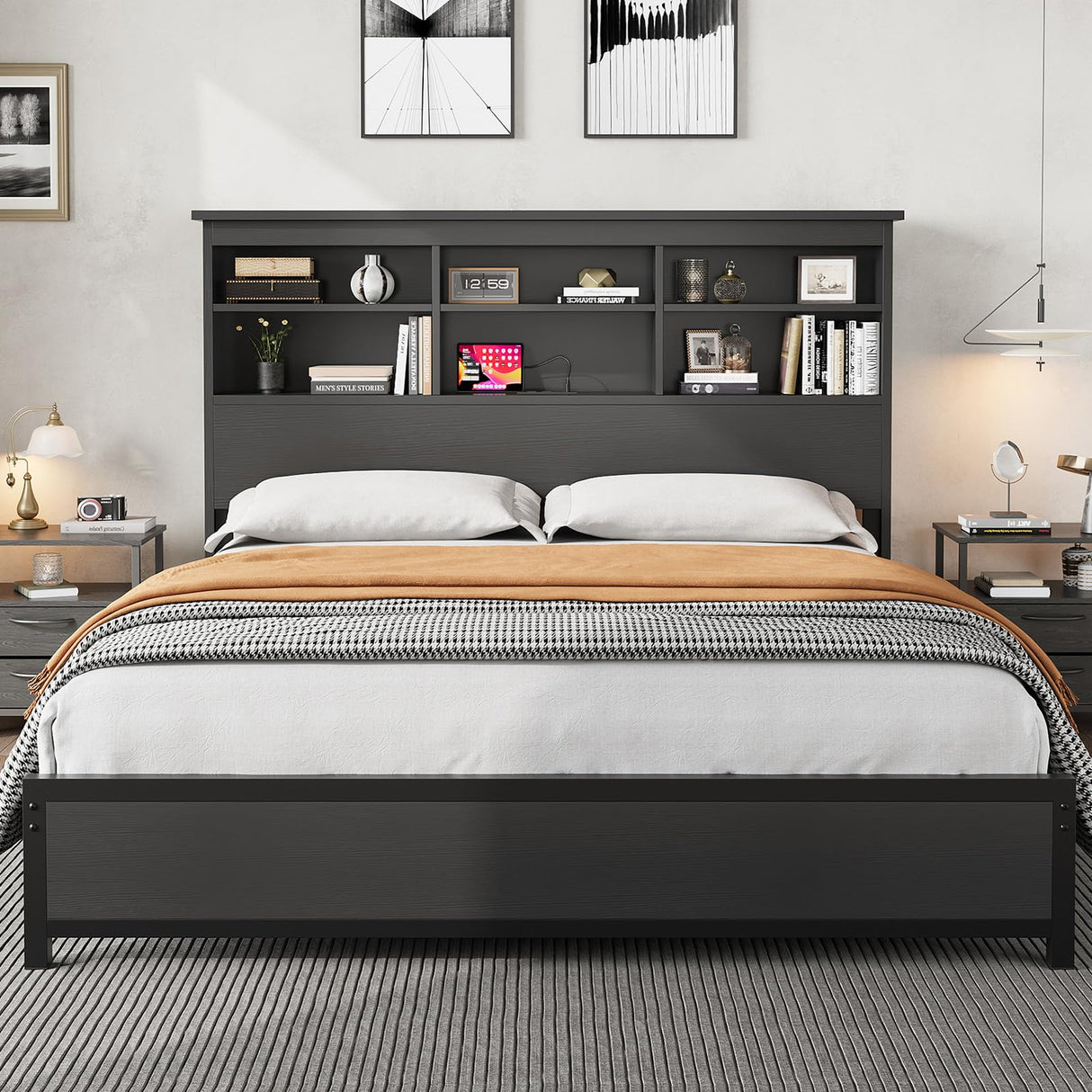 GarveeHome King Size Bed Frame with Bookcase Headboard, 2-Tier Storage King Platform Bed with Charging Station, No Box Spring Needed Easy Assemble Black Mattress Foundation GarveeHome
