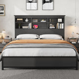 GarveeHome King Size Bed Frame with Bookcase Headboard, 2-Tier Storage King Platform Bed with Charging Station, No Box Spring Needed Easy Assemble Black Mattress Foundation GarveeHome