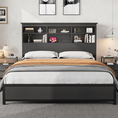 GarveeHome King Size Bed Frame with Bookcase Headboard, 2-Tier Storage King Platform Bed with Charging Station, No Box Spring Needed Easy Assemble Black Mattress Foundation GarveeHome