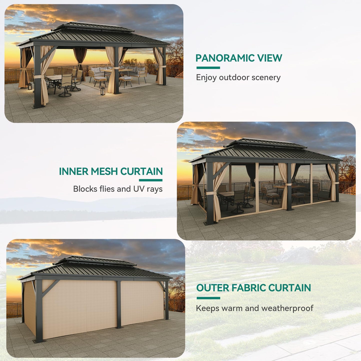 YITAHOME 12x20ft Gazebo Double Roof Hardtop Canopy Outdoor Heavy Duty w/Nettings and Curtains, Upgraded Aluminum Column Galvanized Steel Vertical Stripes Roof for Patio, Backyard, Deck, Lawns - WoodArtSupply