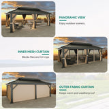 YITAHOME 12x20ft Gazebo Double Roof Hardtop Canopy Outdoor Heavy Duty w/Nettings and Curtains, Upgraded Aluminum Column Galvanized Steel Vertical Stripes Roof for Patio, Backyard, Deck, Lawns, Brown YITAHOME
