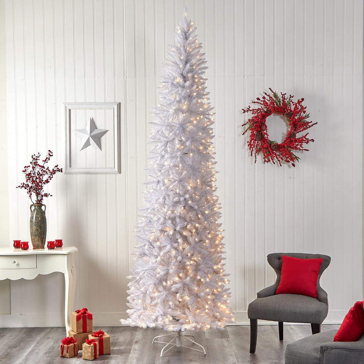 Nearly Natural 10ft. Slim White Artificial Christmas Tree with 800 Warm White LED Lights and 2420 Bendable Branches Nearly Natural