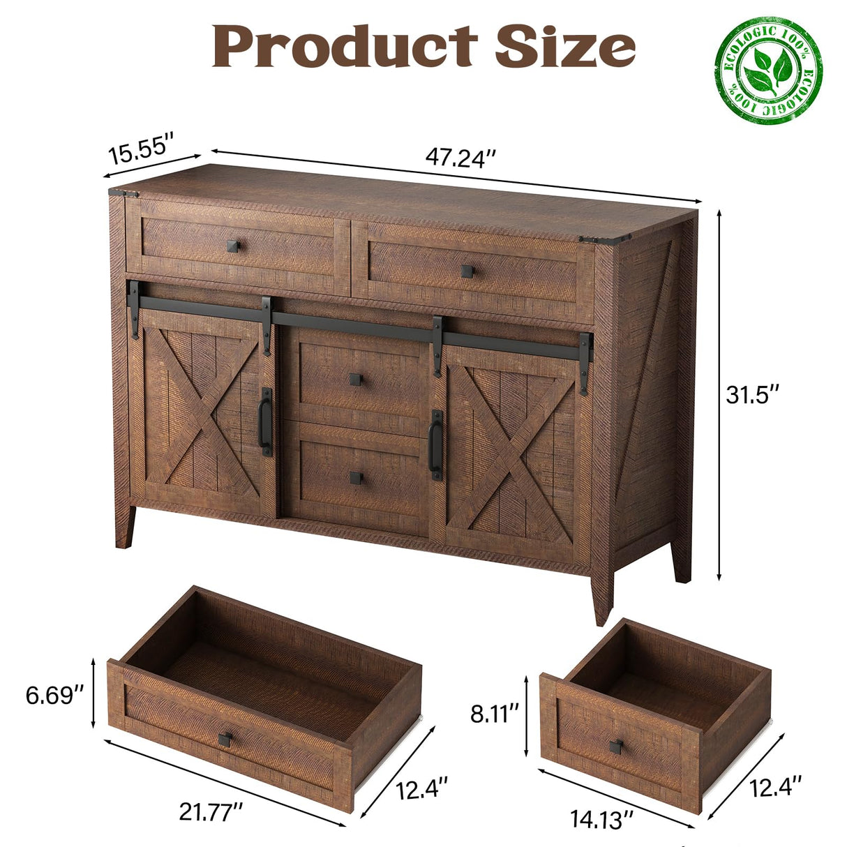 Farmhouse Dresser for Bedroom, Sliding Barn Door Dresser with 4 Drawers, Kids Dresser & Chest of Drawers for Clothes Storage, Wood Dresser TV Stand, 47" Redwood Rustic GlouMod