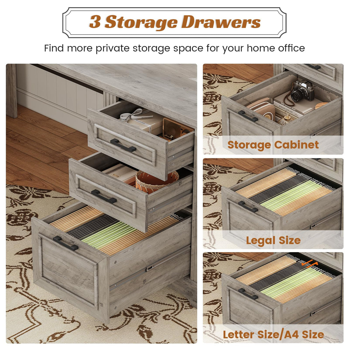 SEDETA Executive Office Desk with 3 Drawers, Farmhouse 55" Computer Desk with Storage File Drawers & Power Outlet for Home Office, Grey SEDETA