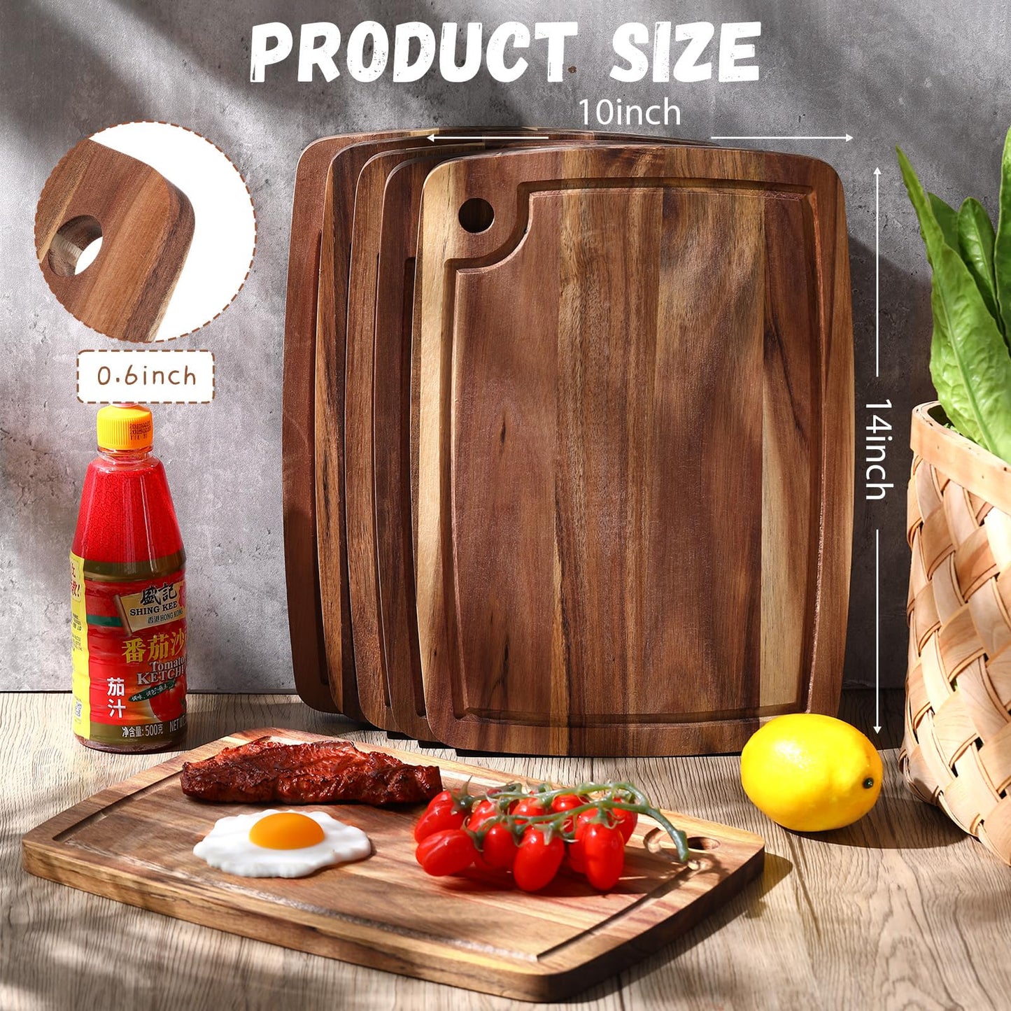 Roshtia 6 Pieces Acacia Wood Cutting Board Kitchen Wooden Chopping Board with Juice Groove Reversible Charcuterie Serving Board Butcher Block Cutting Board for Meat, Cheese, Vegetables, 14" x - WoodArtSupply