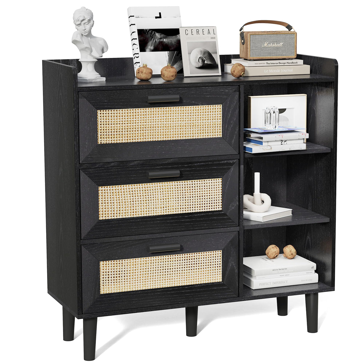 Hiwelldas Dresser Storage Cabinet with 3 Rattan Drawers & Adjustable Shelf Boho Bathroom Cabinet Large Chest of Dressers for Bedroom, Living Room, Hallway, Entryway (Black) Hiwelldas