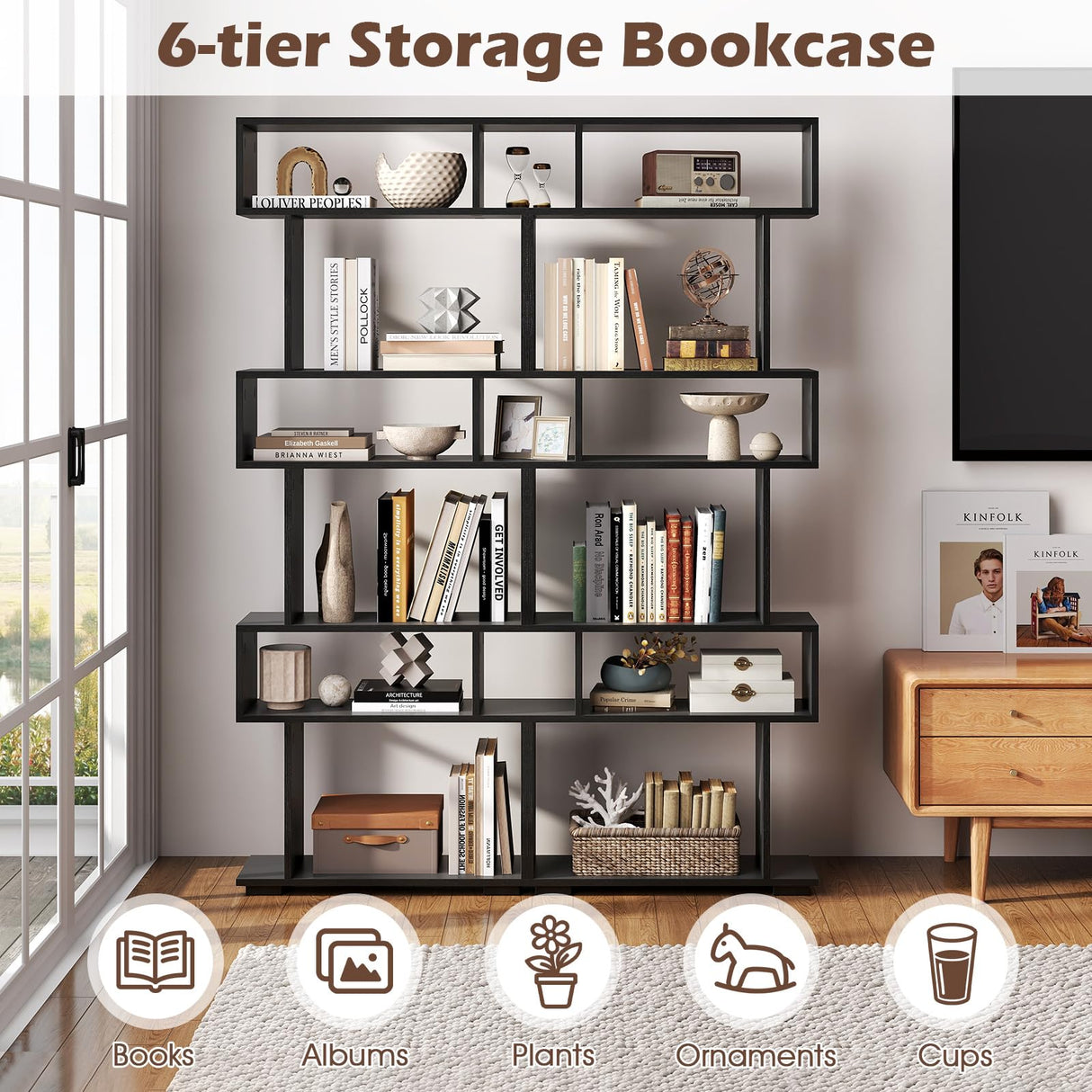 SILKYDRY 6 Tier S Shaped Bookshelf, Wood Geometric Bookcase, Modern Room Divider and Display Shelf, 64" Tall Staggered Bookshelf for Bedroom Living Room Office Study (2, Black) SILKYDRY