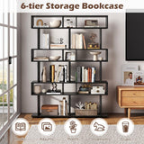 SILKYDRY 6 Tier S Shaped Bookshelf, Wood Geometric Bookcase, Modern Room Divider and Display Shelf, 64" Tall Staggered Bookshelf for Bedroom Living Room Office Study (2, Black) SILKYDRY