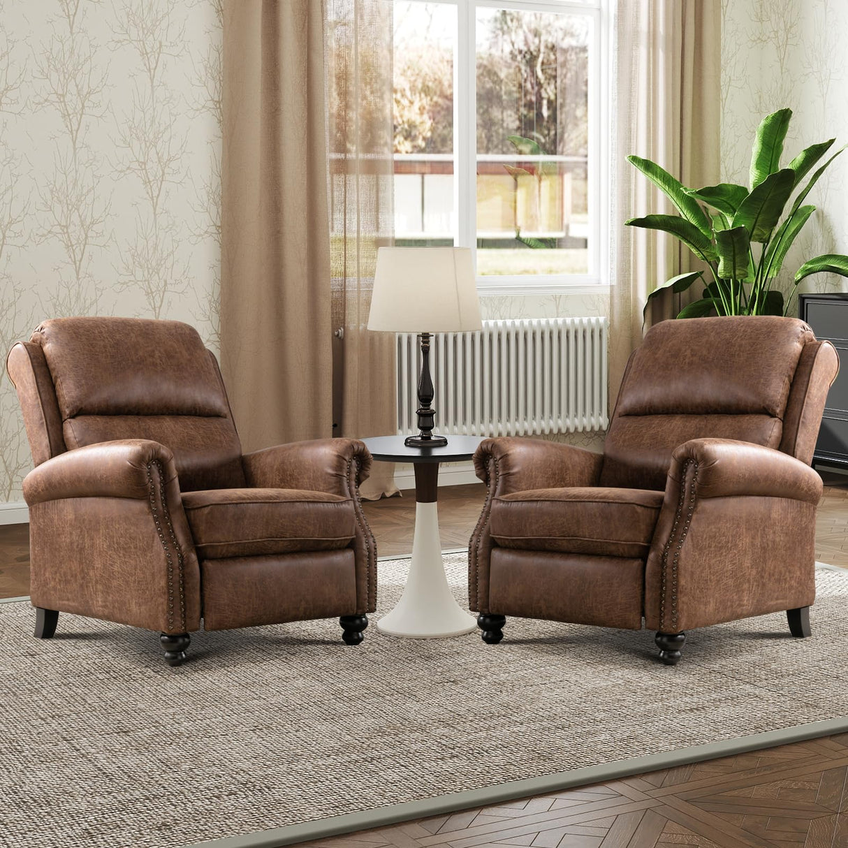 IOMOR Push Back Recliner Chair Faux Leather Lounge Armchair with Rivet Decoration Wingback Single Sofa Chair with Padded Seat Solid Wood Legs for Living Room, Comfy Upholstered Set of 2, Chocolate IOMOR