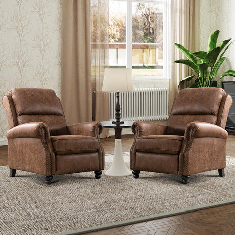 IOMOR Push Back Recliner Chair Faux Leather Lounge Armchair with Rivet Decoration Wingback Single Sofa Chair with Padded Seat Solid Wood Legs for Living Room, Comfy Upholstered Set of 2, Chocolate IOMOR