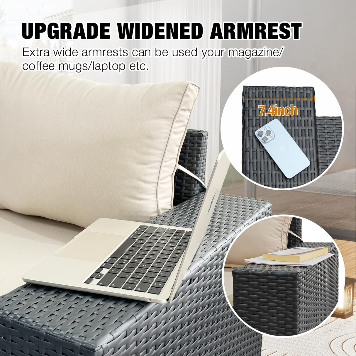 JOYURE 6PCS Patio Furniture Set Outdoor Wicker All-Weather Sectional Conversation Sofa Rattan Patio Seating with Cushion and Glass Table for Porch Poolside,Beige JOYURE