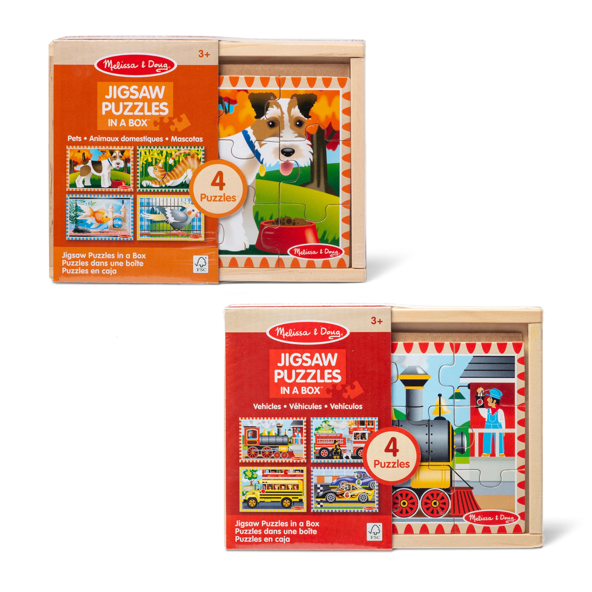 Melissa & Doug Wooden Jigsaw Puzzles in a Box 2-Pack for Preschool Boys and Girls – Pets, Vehicles Melissa & Doug