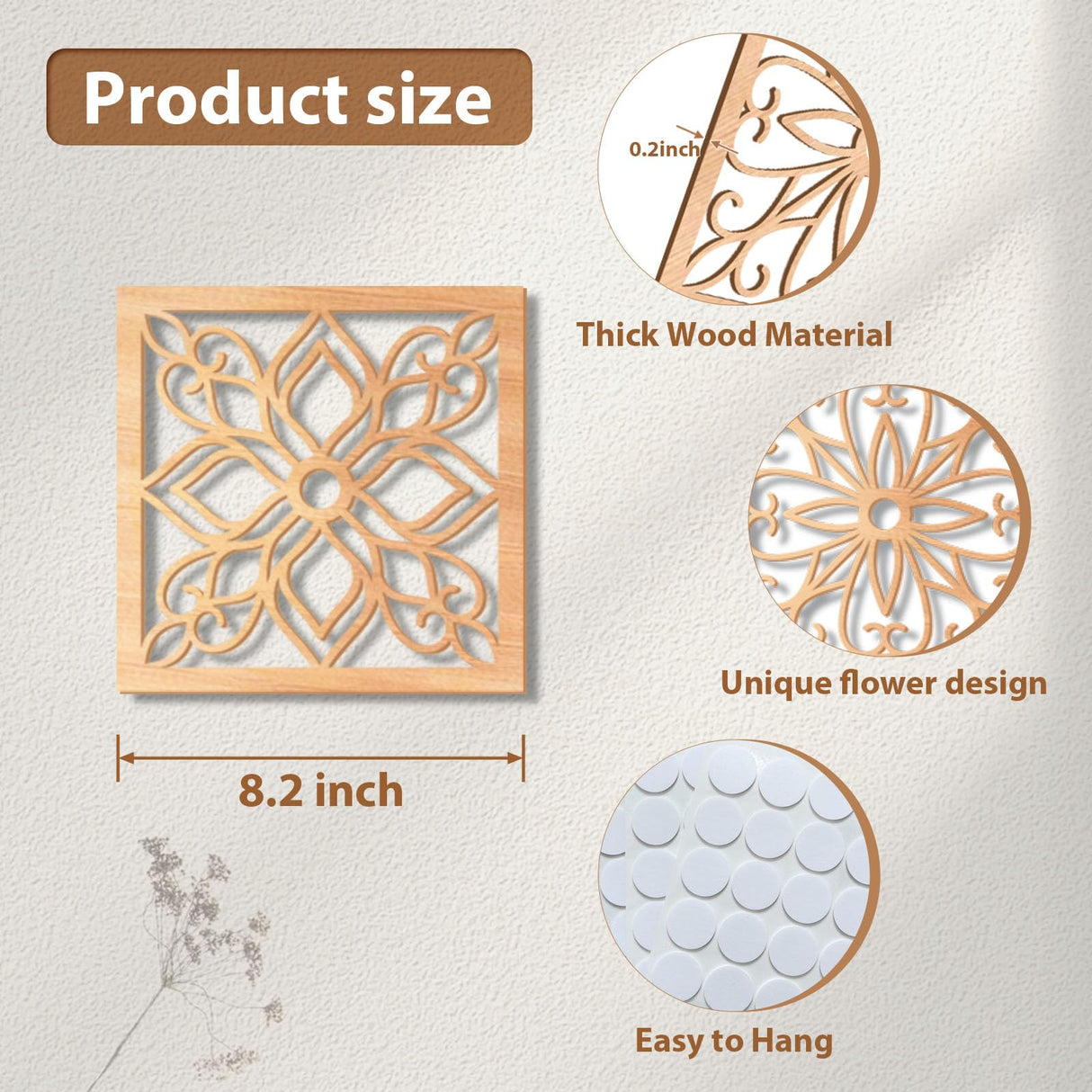 KOYILTD 4 Pieces Thicken Rustic Wall Decor,Flower Carved Wall Art,Wooden Hollow Carved Design (Square, 8.2in) KOYILTD