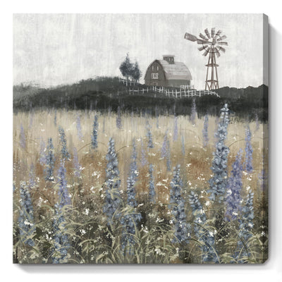 Bathroom Wall Art Vintage Farmhouse Canvas Print Retro Countryside Flower Field Nature Meadow Landscape Rustic Windmill Barn Picture Framed Artwork for Home Bedroom Living Room Black Purple 14x14inch