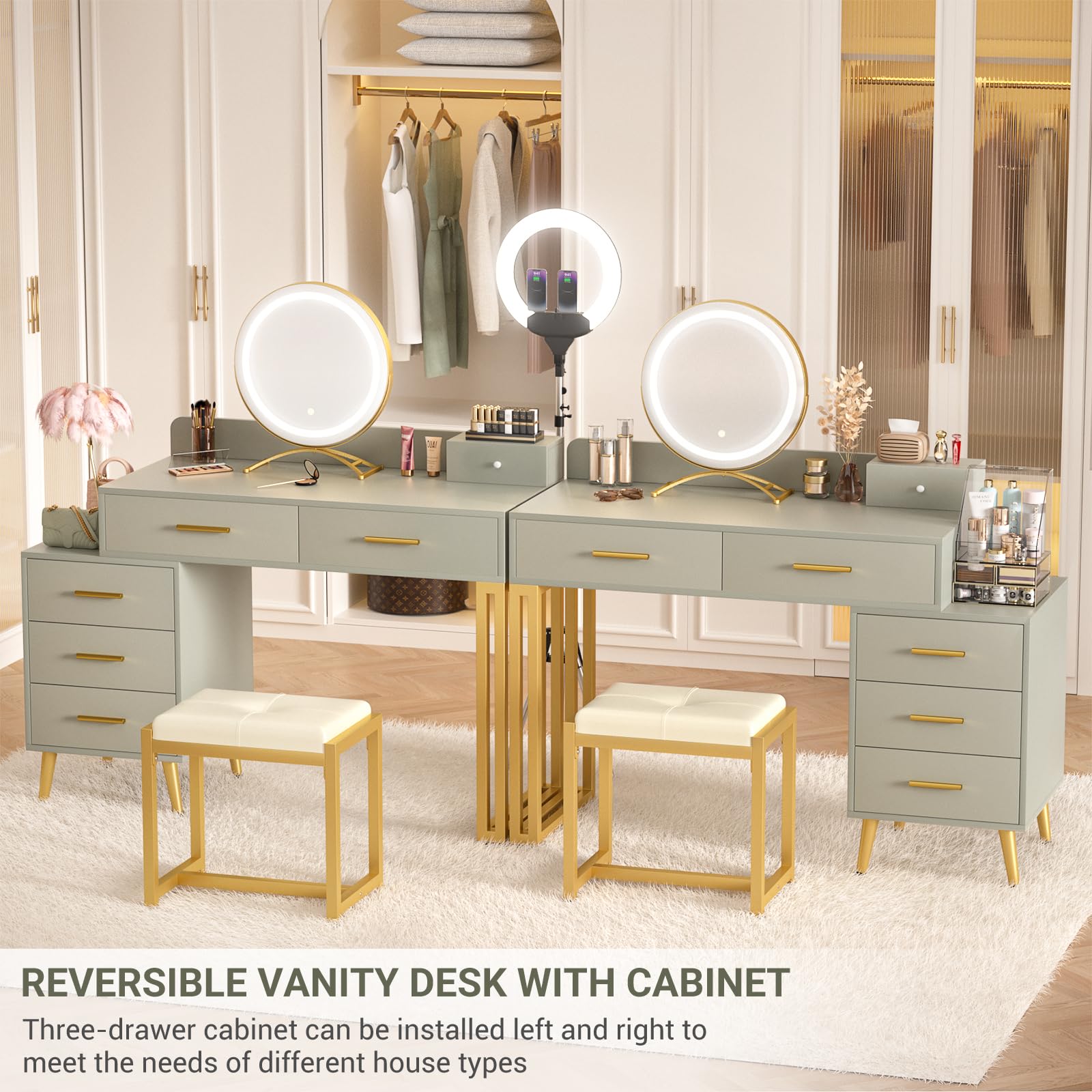 Vanity Desk with Mirror and Lights, Modern Makeup Vanity Table Set with 6 Storage Drawers and Cushioned Stool for Bedroom, Dressing Table with Divided Organizers for Women Girls, Cyan - WoodArtSupply