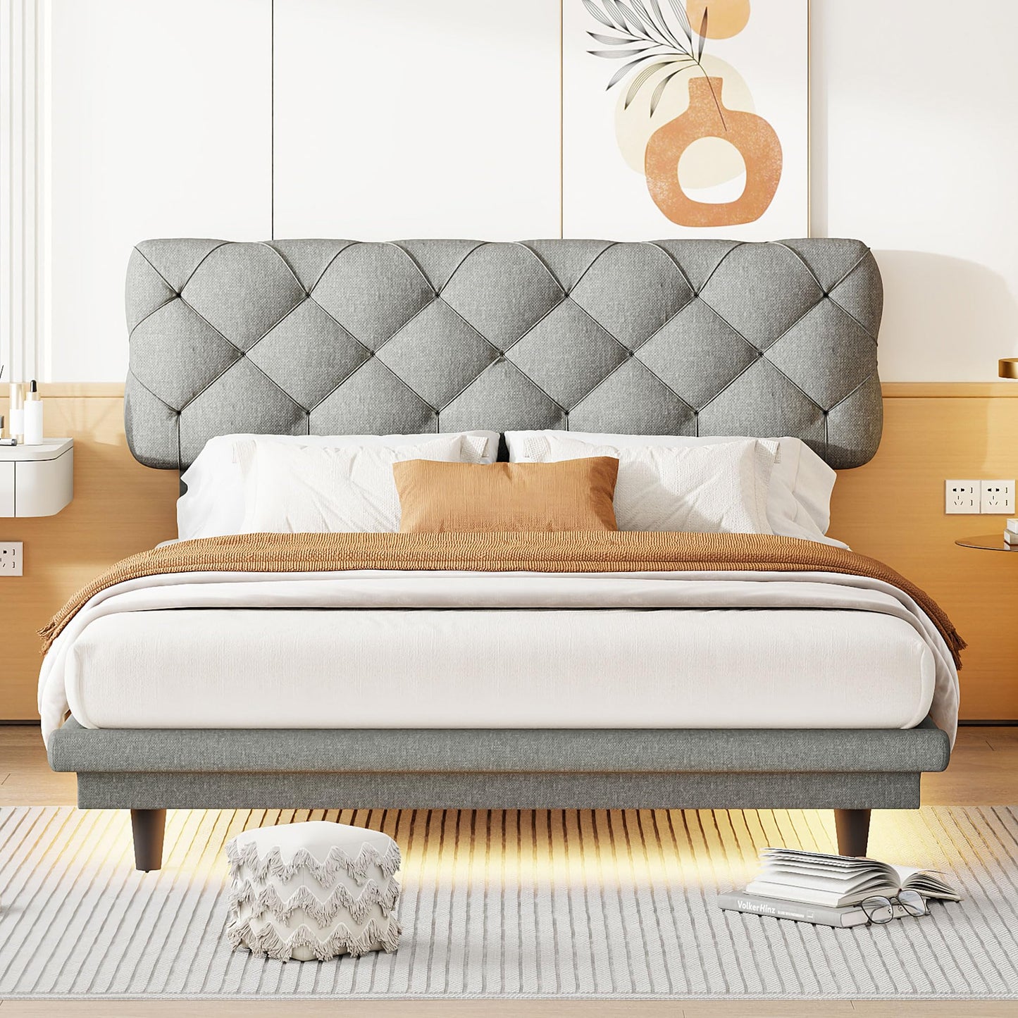 Bellemave Floating Platform Bed Frame in Grey with Button-Tufted Headboard and Illuminating Stripe - WoodArtSupply