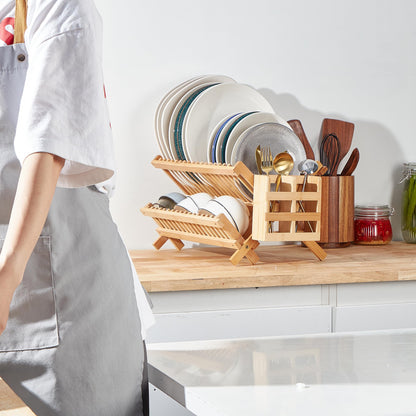 NOVAYEAH Bamboo Dish Drying Rack-2 Tier, Collapsible Small Dish Rack with Utensil Holder, Wooden Drying Rack for Kitchen Counter, Apartment Essentials Kitchen Plate Holder, Kitchen Organizati - WoodArtSupply