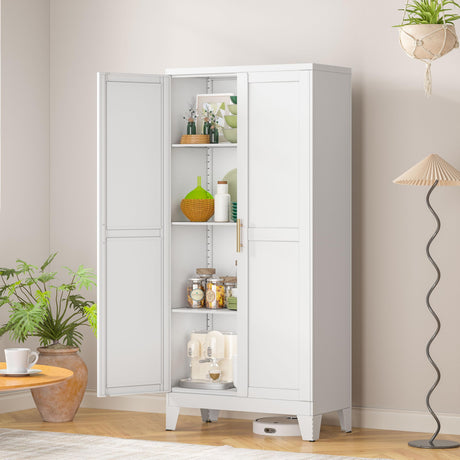 pozdeg White Metal Storage Cabinet, 47.25" H Steel Kitchen Pantry Cabinet with 2 Doors and 3 Adjustable Shelves, Versatile Sideboard Buffet Cabient for Home Office Warehouse Garage or Outdoor pozdeg