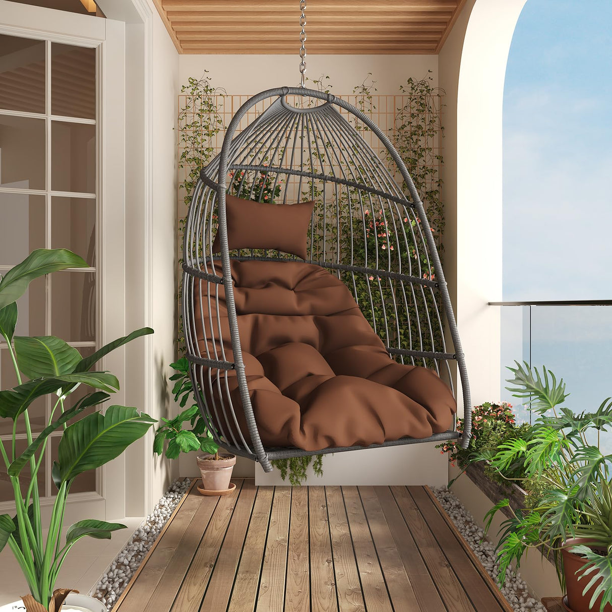 Hanging Egg Chair Without Stand, HDPE Rattan Foldable Swing Chair with Aluminum Frame & UV Resistant Cushion, Hammock Egg Basket for Indoor Outdoor Bedroom Garden, 350Lbs Capacity (Coffee) DAIJIA CHINA