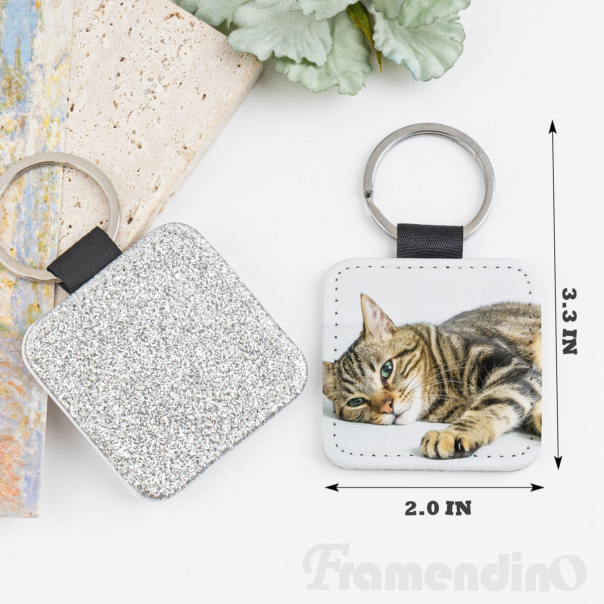 Framendino, 16 Pack Sublimation Blank Keychain Glitter PU Leather Square Rectangle Heat Transfer Key Fob Key Chain for DIY Craft Making Silver Framendino