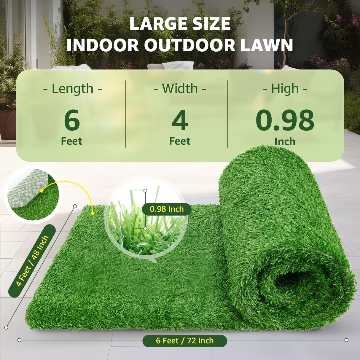 LOOBANI Synthetic Artificial Turf Roll, Artificial Grass for Dog Potty with Drainage Holes, Fake Grass Rug for Garden Landscape Balcony Patio Backyard Decoration (4 Feet x 6 Feet) LOOBANI