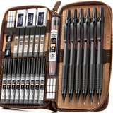 Nicpro 30PCS Black Metal Mechanical Pencil Set in Leather Case, Art Drafting Pencil 0.5, 0.7, 0.9 mm, 2mm Lead Pencil Holders for Sketching Drawing With 16 Tube (6B 4B 2B HB 2H 4H Colors)Lead Refills Nicpro
