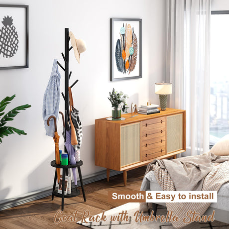 FILWH Freestanding Coat Rack with Umbrella Organizer Tray Bamboo Coat Tree Rack with 8 Hook Stand for Clothes Bag Hats Entryway Hanger Stand(Black) FILWH