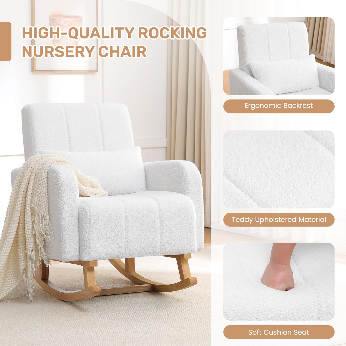 HCHAIRH Rocking Chair with Ottoman, Upholstered Nursing Glider Rocker with High Backrest and Side Pocket, Comfy Reading Chair with Solid Wood Legs for Nursery/Living Room/Bedroom White HCHAIRH