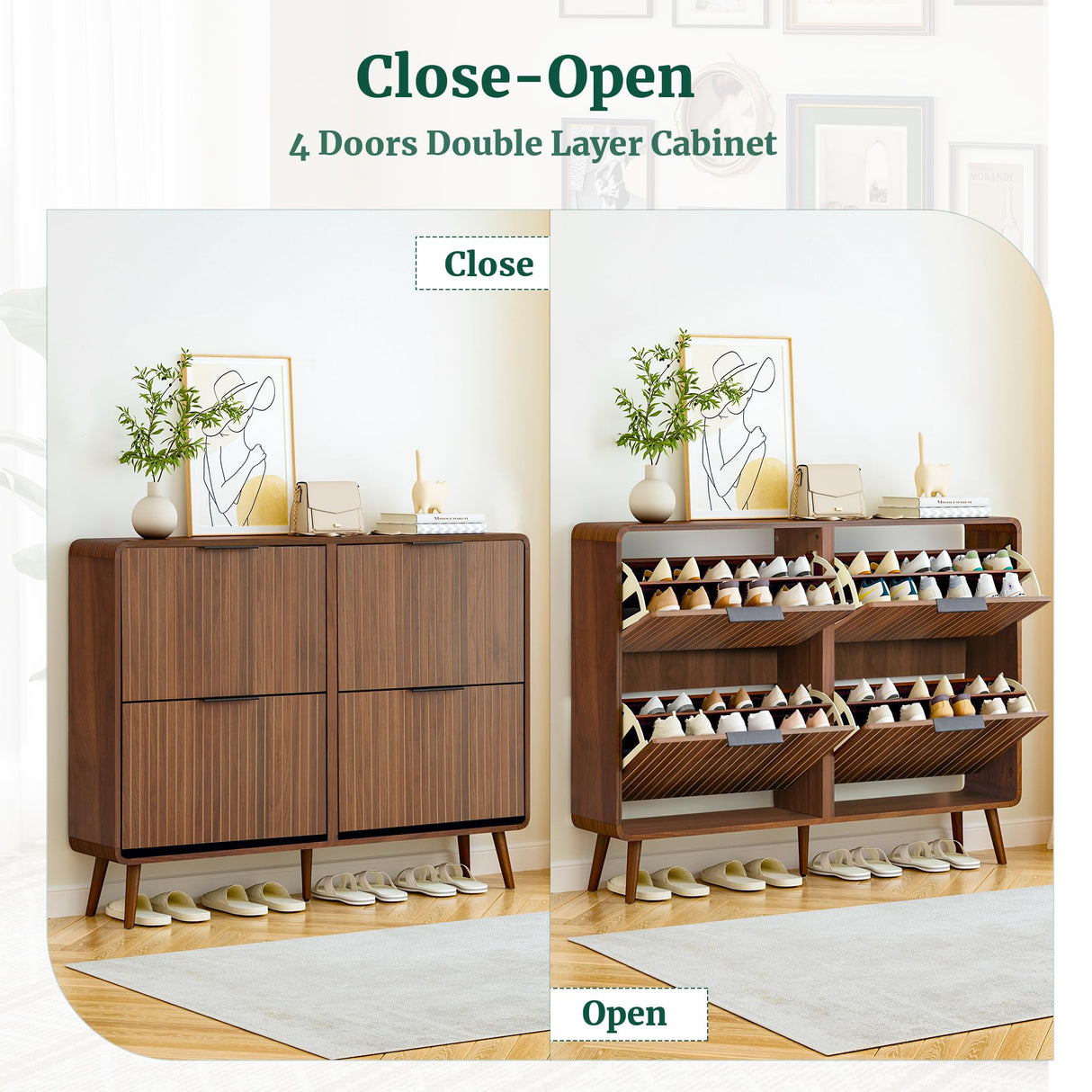 47" Fluted Large Shoe Cabinet with 4 Flip Drawers, Slim Freestanding Shoe Cabinet Organizer, Narrow Shoes Storage Rack for Entryway, 5 Sturdy Legs (All Walnut, 9.45" D x 47.24" W x 35.83" H) FurSch