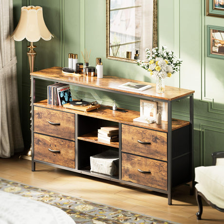 Huuger 47 Inch TV Stand Dresser with Power Outlets and LED Lights, Fabric Dresser for Bedroom, 4 Drawers Entertainment Center with Open Shelf, Media Console for 55 50 Inch TV, Rustic Brown Huuger