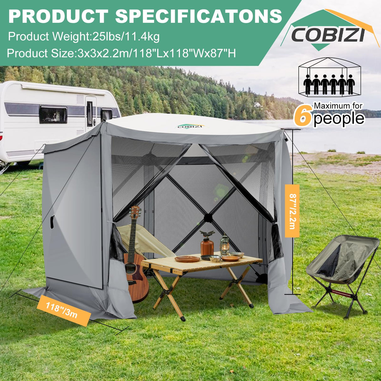COBIZI 10x10ft Pop up Gazebo Screen House for Camping, Pop-up Camping Canopy Tent with Sidewalls,Portable Outdoor Quick-Set Hub Tent with Carrying Bag&Ground Stakes,Gray(Upgraded 2.0) COBIZI