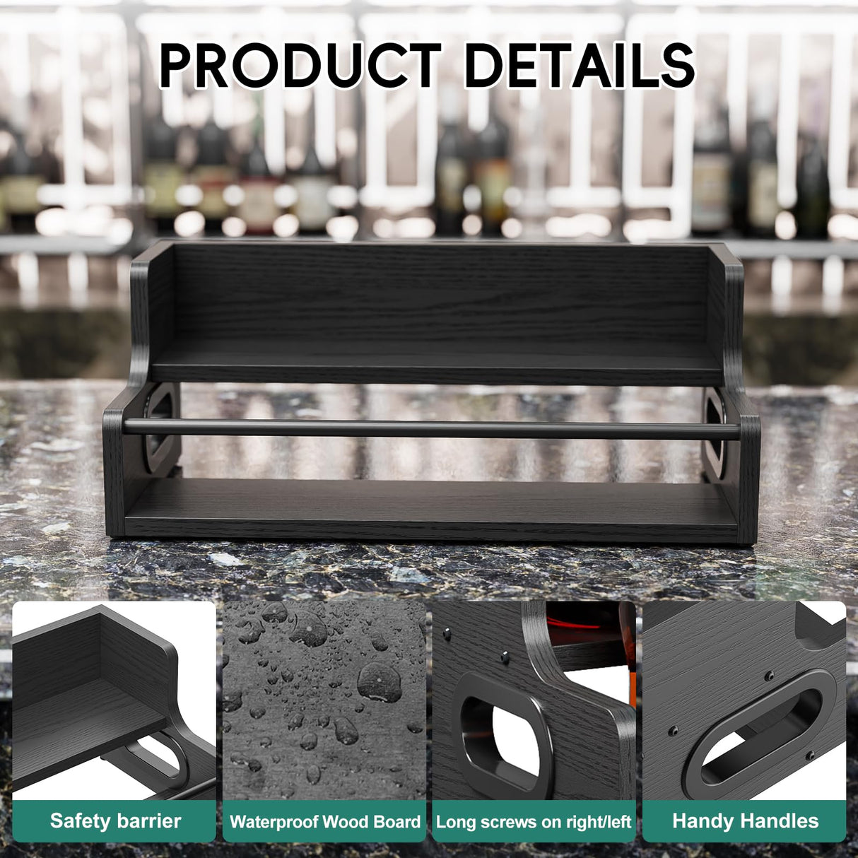 KLM Liquor Bottle Display Shelf, Coffee Syrup Rack Organizer, 2 Step Countertop Liquor Wine Rack, Mini bar,Liquor Cabinet, Home Retro Bar Shelf Stand for Liquor Whiskey, Spirits, (Black) KLM