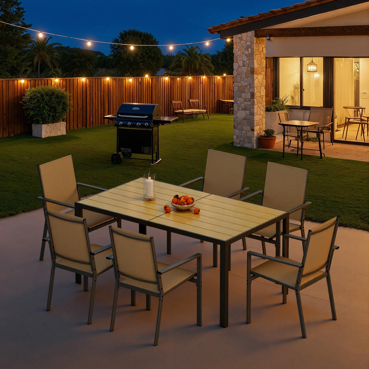 Ahomly Patio Table and Chairs Set for 6, Outdoor Dining Set Includes 59.5" Rectangle Patio Table with Side Umbrella Hole and 6 Textilene Fabric Patio Chairs for Backyard, Courtyard, Poolside, Brown Ahomly