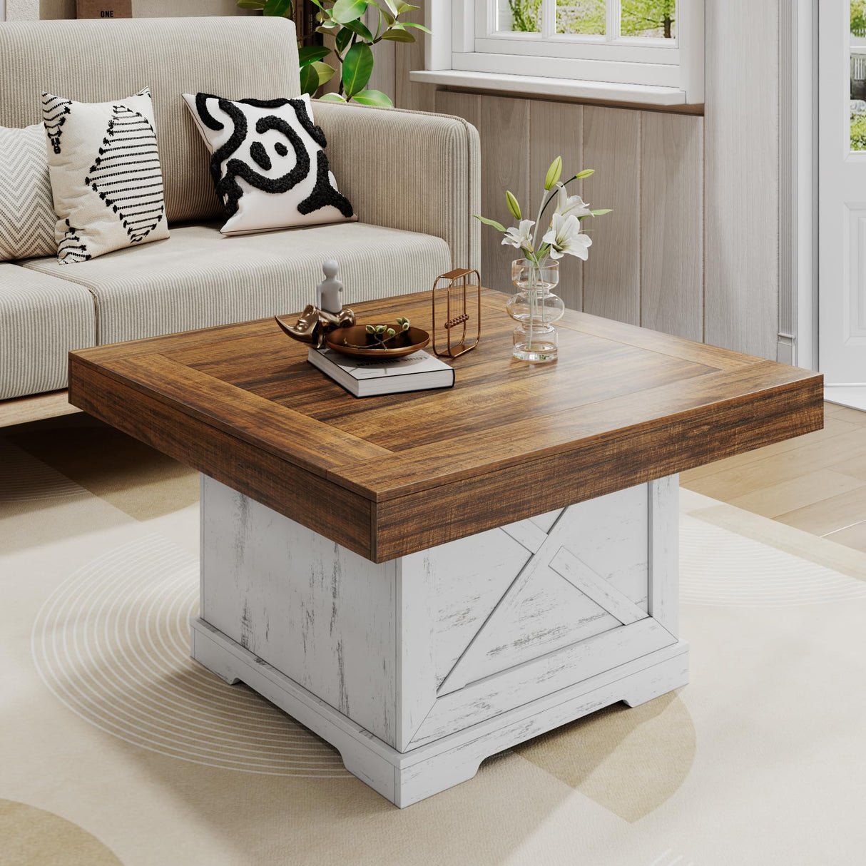 Lareth Coffee Table 31.5 in Farmhouse Center Table with X Design Wooden Pedestal for Living Room, Small Square Home Office Tea Accent Table for Dining Room Apartment, Antique White Lareth