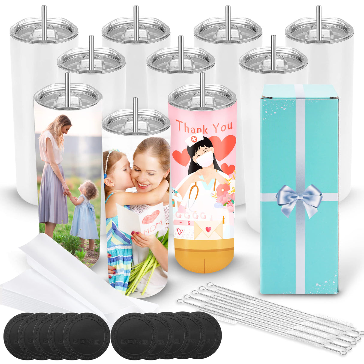 D·S 10 Pack Sublimation Tumblers Bulk 20 oz Skinny Straight Flat Bottom Blank Tumbler Cups with Individual Gift Boxed for Heat Transfer DIY Craft D·S