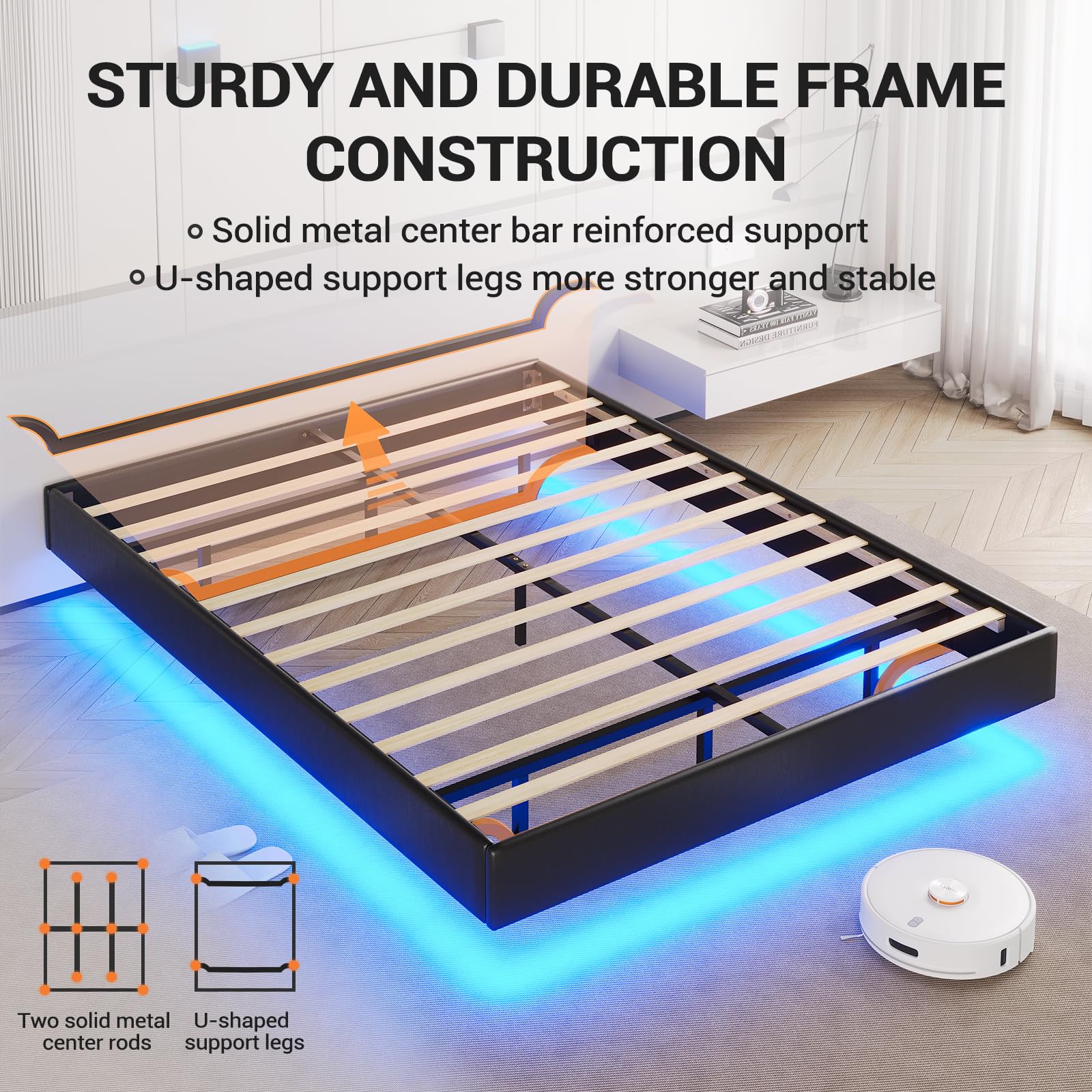 DICTAC Modern Floating Queen Bed Frame with LED Lights - Upholstered Faux Leather - No Headboard, Easy Assembly, No Box Spring Required - Black - WoodArtSupply