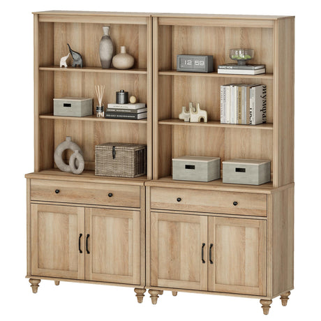 5 Tier Bookshelf 72" Tall Bookcase with Barn Doors, Large Farmhouse Display Book Shelf with 2 Drawers and Storage Cabinet, Library Wood Bookshelves for Living Room,Kitchen, Oak(2PCS) WAMPAT